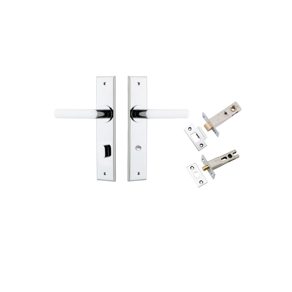 Door Lever Osaka Chamfered Privacy Polished Chrome CTC85mm L120xP54mm BPH240xW50mm Privacy Kit Tube Latch Split Cam 'T' Striker Polished Chrome Backset 60mm, Privacy Bolt Round Bolt Polished Chrome Backset 60mm in Polished Chrome