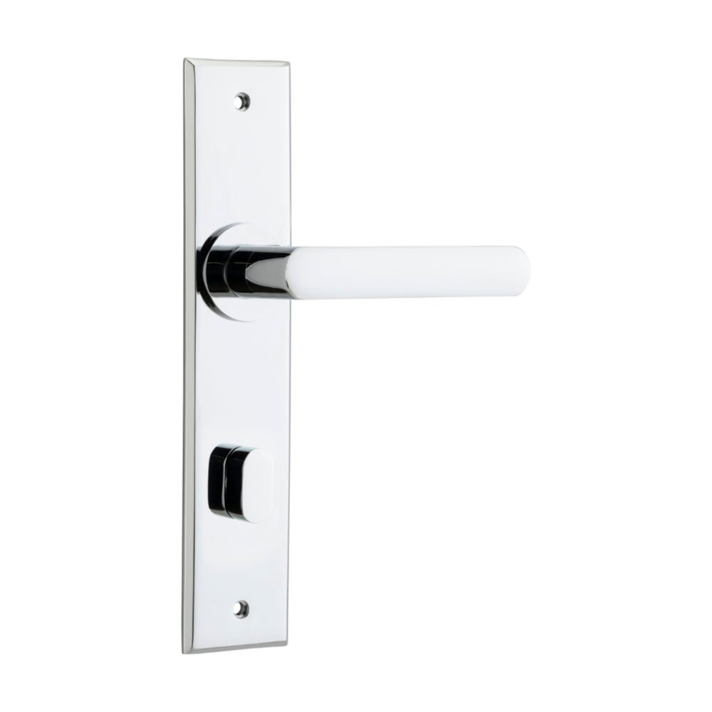 Door Lever Osaka Chamfered Privacy Pair Polished Chrome CTC85mm H240xW50xP55mm in Polished Chrome