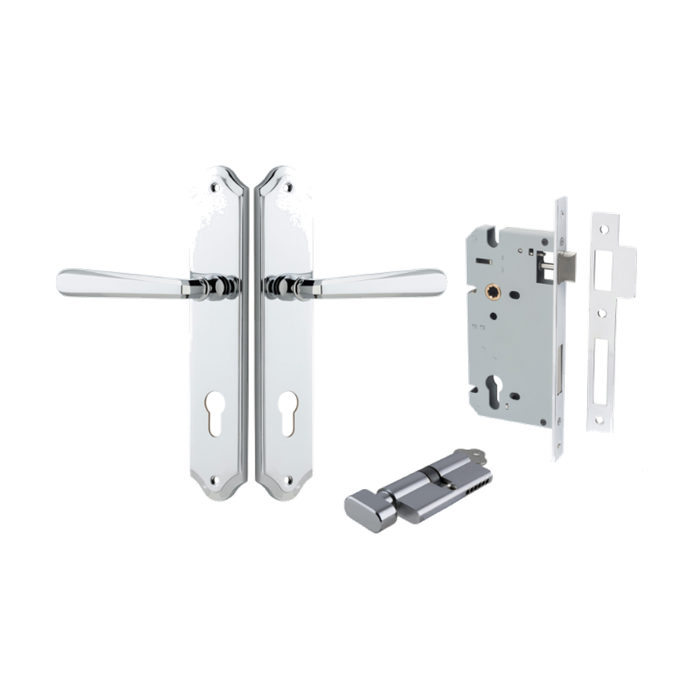 Door Lever Copenhagen Shouldered Euro Pair Polished Chrome CTC85mm H250xW48xP61mm Entrance Kit Mortice Lock Euro Polished Chrome CTC85mm Backset 60mm, Euro Cylinder Key Thumb 6 Pin Polished Chrome L70mm KA1 in Polished Chrome