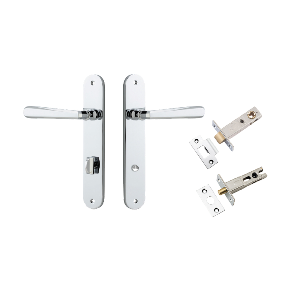 Door Lever Copenhagen Oval Privacy Pair Polished Chrome CTC85mm H240xW40xP61mm Inbuilt Privacy Kit Tube Latch Split Cam 'T' Striker Polished Chrome Backset 60mm, Privacy Bolt Round Bolt Polished Chrome Backset 60mm in Polished Chrome