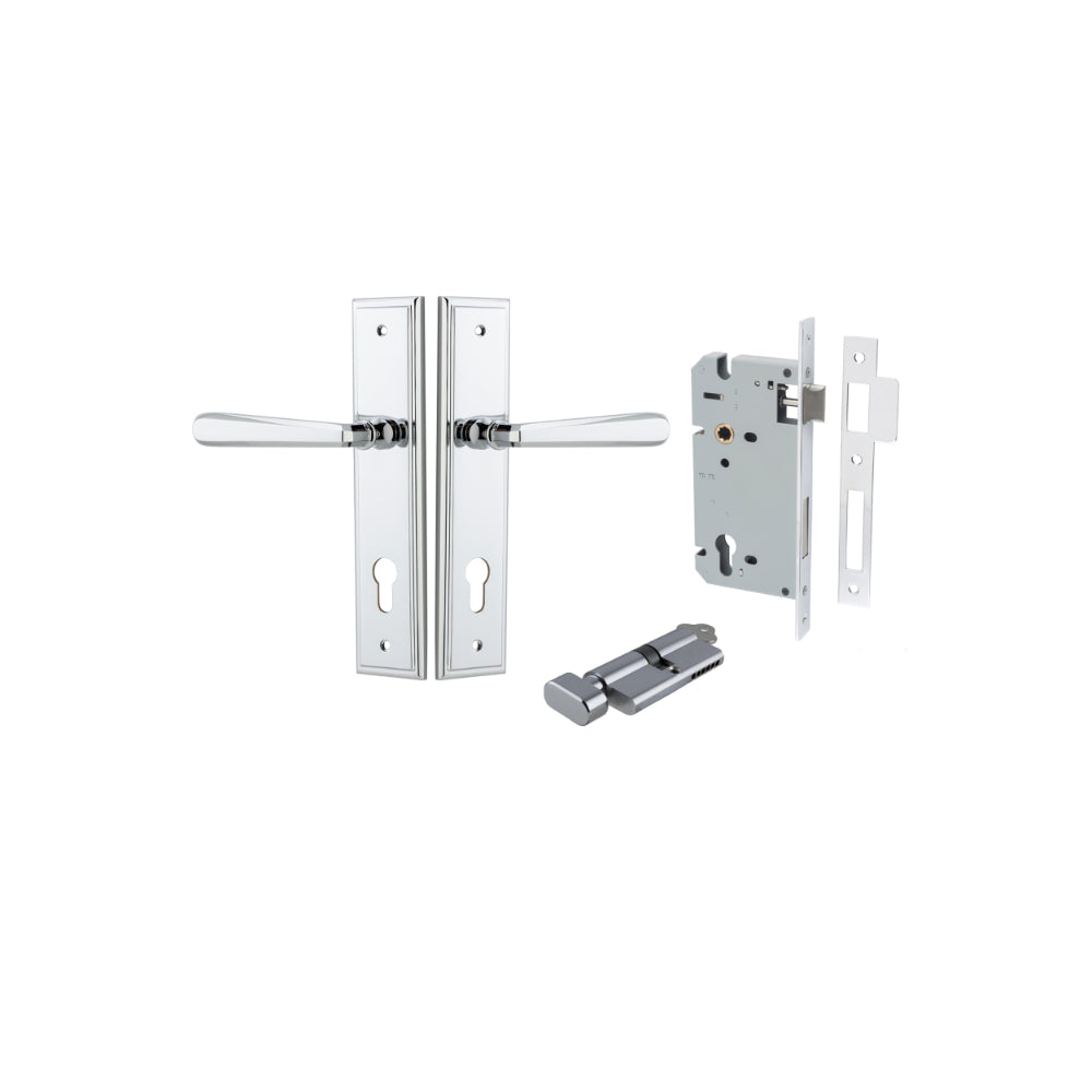 Door Lever Copenhagen Stepped Euro Pair Polished Chrome CTC85mm H237xW50xP61mm Entrance Kit Mortice Lock Euro Polished Chrome CTC85mm Backset 60mm, Euro Cylinder Key Thumb 6 Pin Polished Chrome L70mm KA1 in Polished Chrome