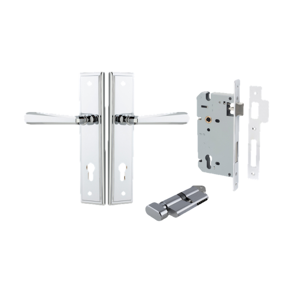 Pair of Iver Copenhagen lever door handles on stepped backplates, featuring sleek, modern architectural hardware design.