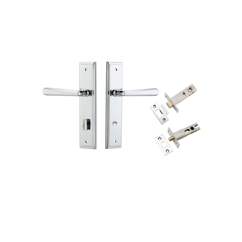 Door Lever Copenhagen Stepped Privacy Pair Polished Chrome CTC85mm H237xW50xP61mm Inbuilt Privacy Kit Tube Latch Split Cam 'T' Striker Polished Chrome Backset 60mm, Privacy Bolt Round Bolt Polished Chrome Backset 60mm in Polished Chrome