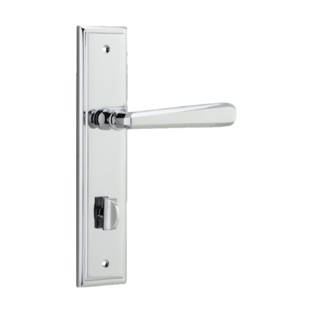 Pair of Iver Copenhagen lever handles on stepped backplates, architectural hardware with a sleek, modern design.