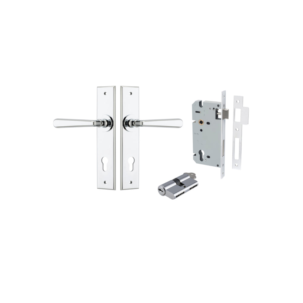 Door Lever Copenhagen Chamfered Euro Pair Polished Chrome CTC85mm L120xP59mm BPH240xW50mm Mortice Lock Euro Polished Chrome CTC85mm Backset 60mm, Euro Cylinder Dual Function 5 Pin Polished Chrome 65mm KA4 in Polished Chrome