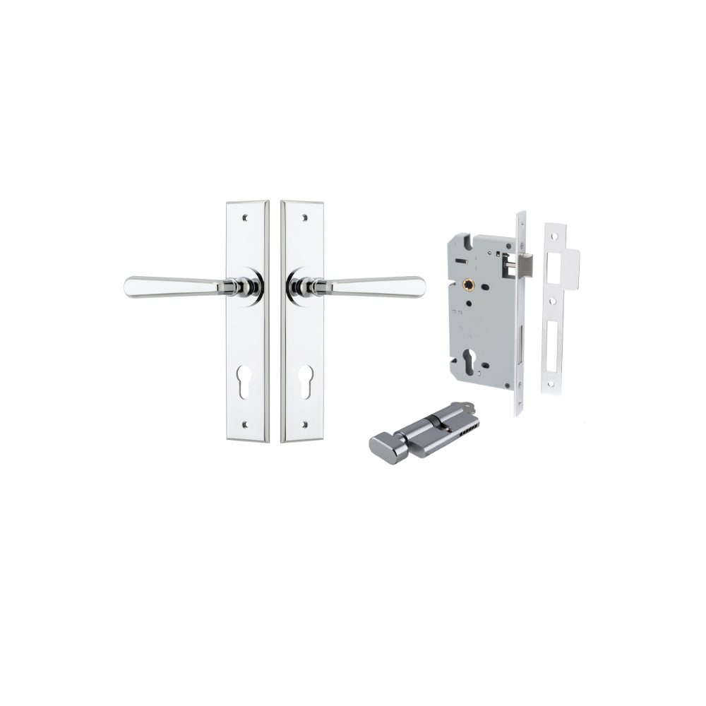 Door Lever Copenhagen Chamfered Euro Pair Polished Chrome CTC85mm L120xP59mm BPH240xW50mm Mortice Lock Euro Polished Chrome CTC85mm Backset 60mm, Euro Cylinder Key Thumb 5 Pin Polished Chrome 65mm KA4 in Polished Chrome