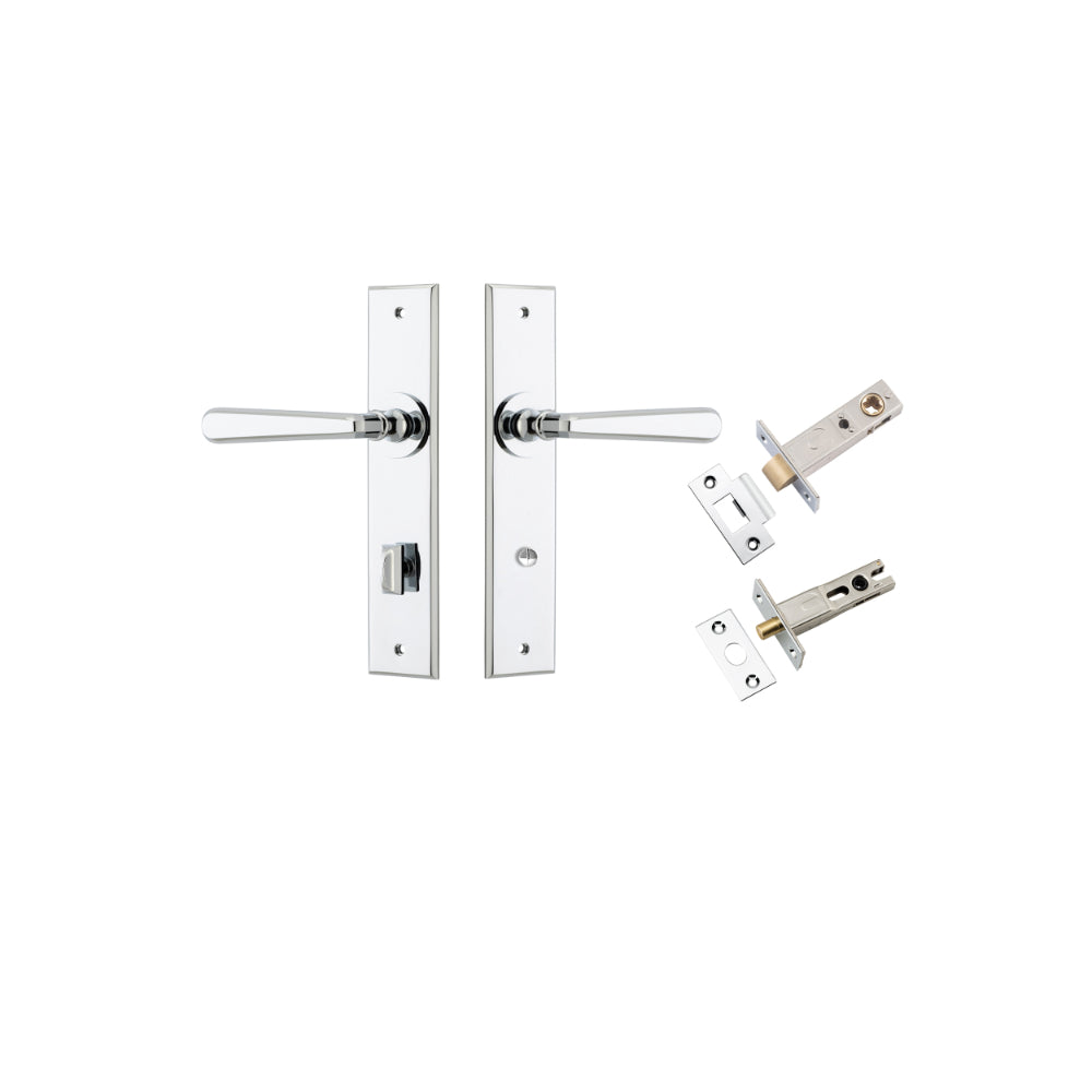 Door Lever Copenhagen Chamfered Privacy Polished Chrome CTC85mm L120xP59mm BPH240xW50mm Privacy Kit Tube Latch Split Cam 'T' Striker Polished Chrome Backset 60mm, Privacy Bolt Round Bolt Polished Chrome Backset 60mm in Polished Chrome