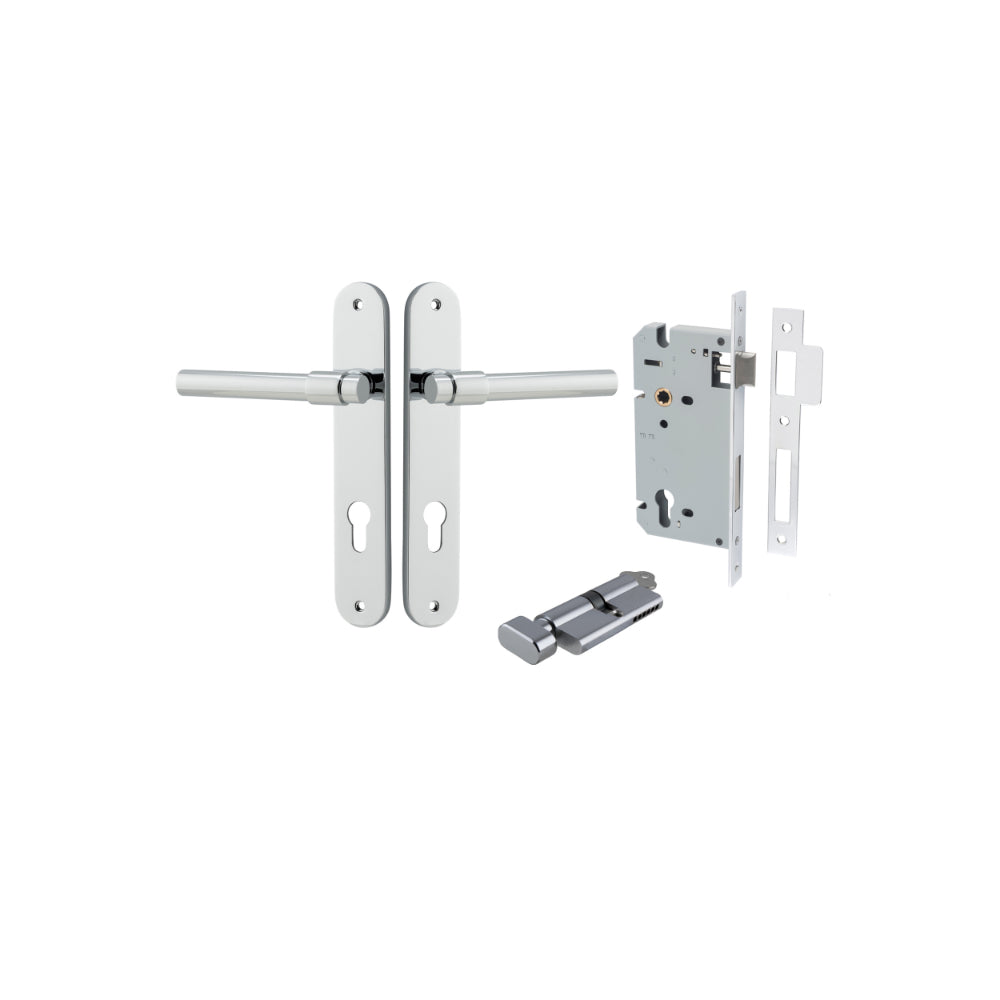 Door Lever Helsinki Oval Euro Pair Polished Chrome CTC85mm H240xW40xP44mm Entrance Kit Mortice Lock Euro Polished Chrome CTC85mm Backset 60mm, Euro Cylinder Key Thumb 6 Pin Polished Chrome L70mm KA1 in Polished Chrome