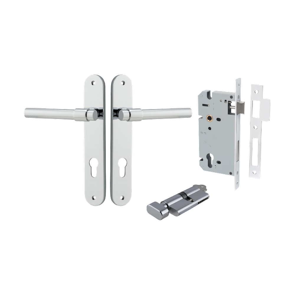 Door Lever Helsinki Oval Euro Pair Polished Chrome CTC85mm H240xW40xP44mm Entrance Kit Mortice Lock Euro Polished Chrome CTC85mm Backset 60mm, Euro Cylinder Key Thumb 6 Pin Polished Chrome L70mm KA1 in Polished Chrome