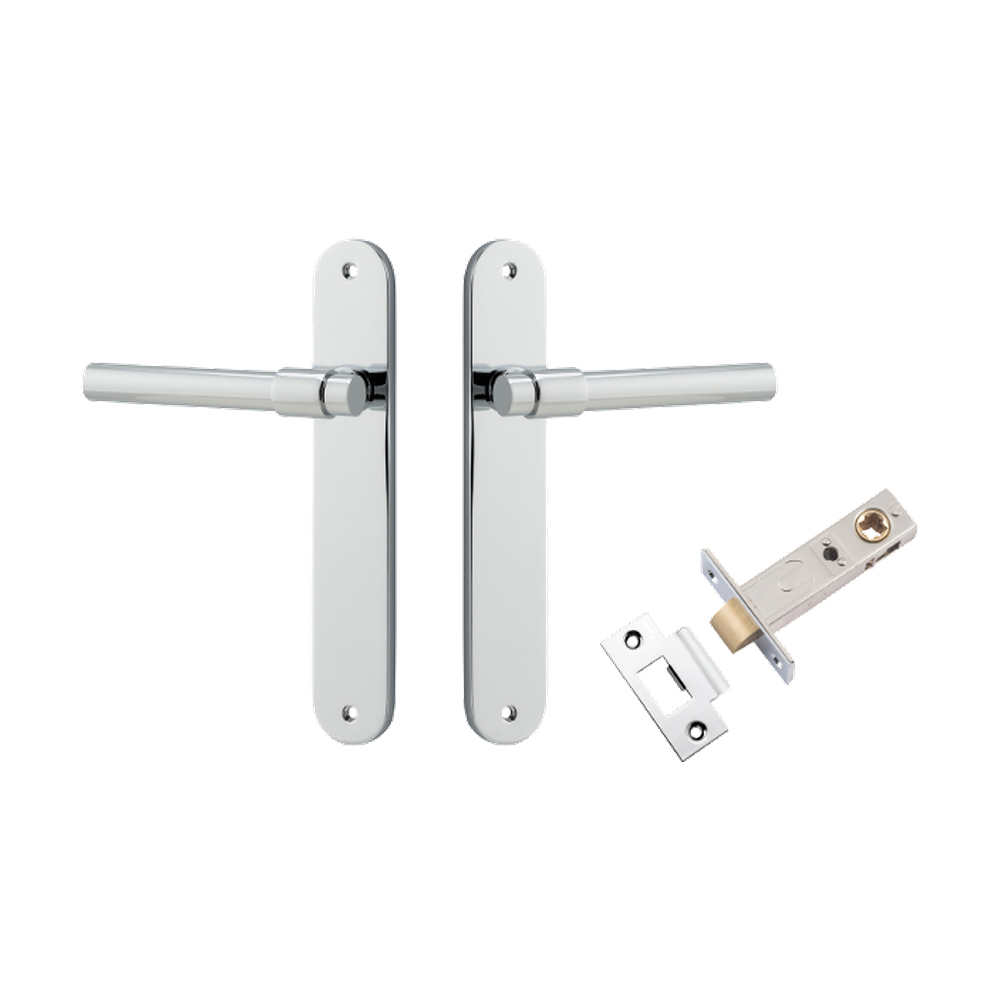 Door Lever Helsinki Oval Latch Pair Polished Chrome H240xW40xP44mm Passage Kit Tube Latch Split Cam 'T' Striker Polished Chrome Backset 60mm in Polished Chrome