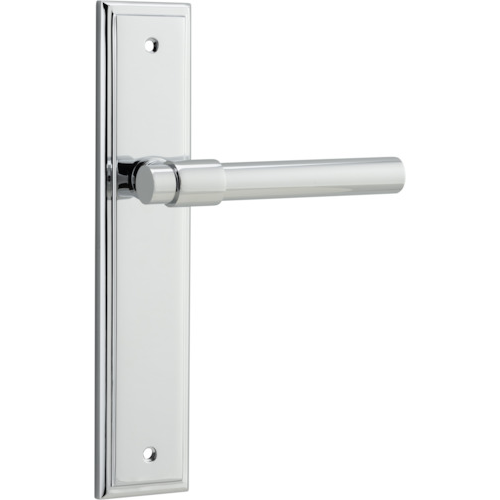 Pair of Iver Helsinki lever door handles on stepped backplates, featuring modern black finish and sleek design.