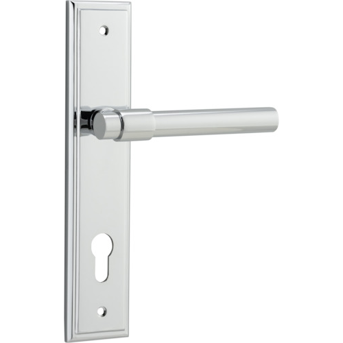 Pair of Iver Helsinki lever door handles on stepped backplates, featuring sleek modern design and brushed metal finish.