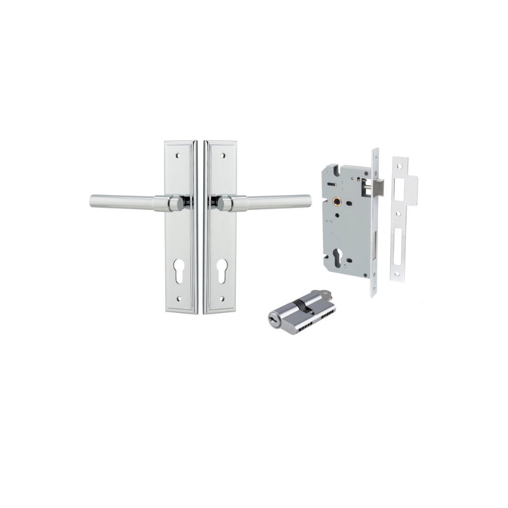 Pair of Iver Helsinki lever door handles on stepped backplates, featuring a sleek black finish and modern design.
