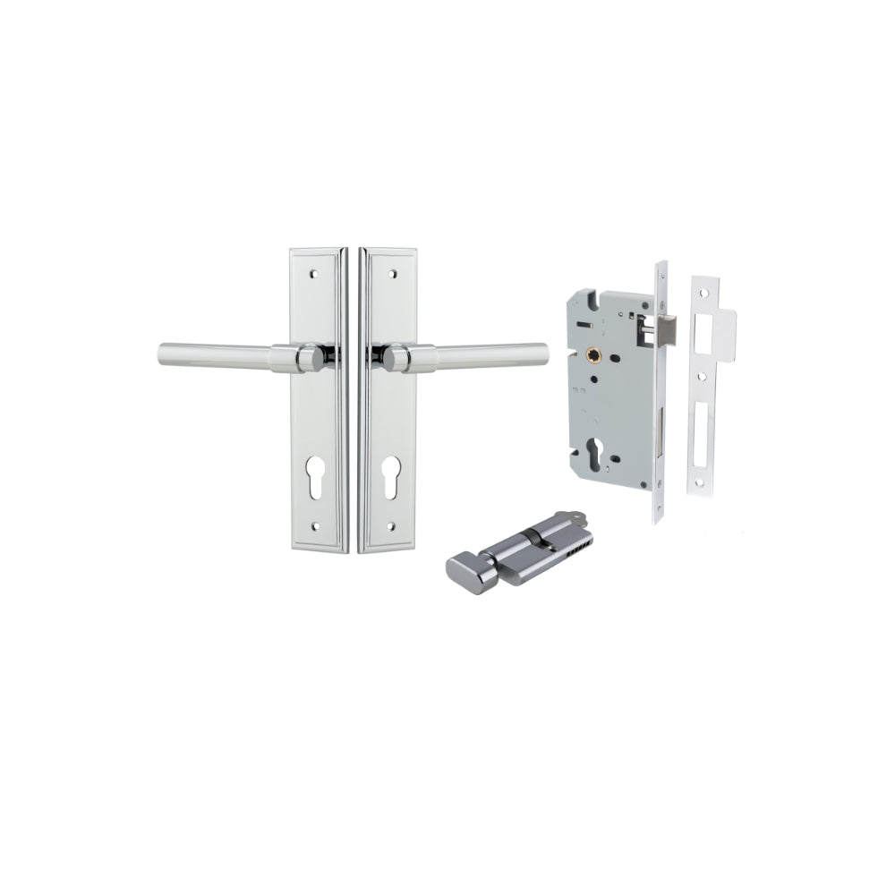 Door Lever Helsinki Stepped Euro Pair Polished Chrome CTC85mm H237xW50xP44mm Entrance Kit Mortice Lock Euro Polished Chrome CTC85mm Backset 60mm Euro Cylinder Key Thumb 6 Pin Polished Chrome L70mm KA1 in Polished Chrome