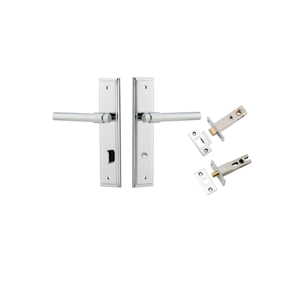 Door Lever Helsinki Stepped Privacy Pair Polished Chrome CTC85mm H237xW50xP44mm Inbuilt Privacy Kit Tube Latch Split Cam 'T' Striker Polished Chrome Backset 60mm Privacy Bolt Round Bolt Polished Chrome Backset 60mm in Polished Chrome