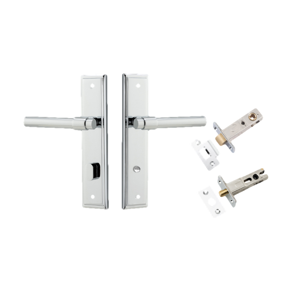 Door Lever Helsinki Stepped Privacy Pair Polished Chrome CTC85mm H237xW50xP44mm Inbuilt Privacy Kit Tube Latch Split Cam 'T' Striker Polished Chrome Backset 60mm Privacy Bolt Round Bolt Polished Chrome Backset 60mm in Polished Chrome
