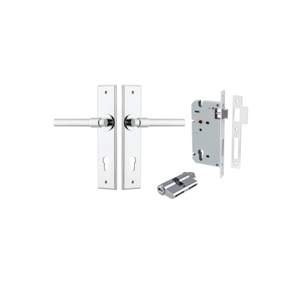 Door Lever Helsinki Chamfered Euro Pair Polished Chrome CTC85mm L137xP60mm BPH240xW50mm Mortice Lock Euro Polished Chrome CTC85mm Backset 60mm, Euro Cylinder Dual Function 5 Pin Polished Chrome 65mm KA4 in Polished Chrome