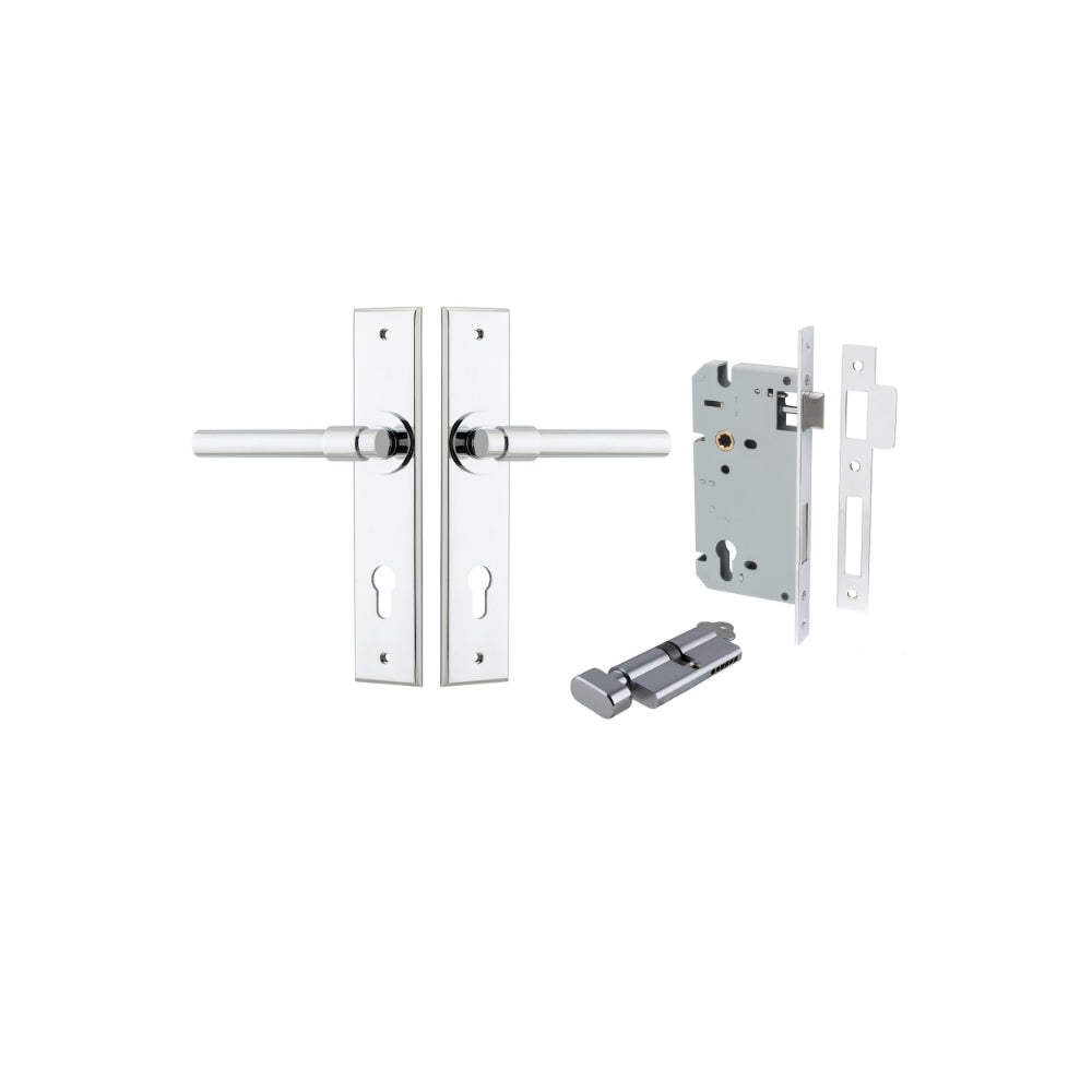 Door Lever Helsinki Chamfered Euro Pair Polished Chrome CTC85mm L137xP60mm BPH240xW50mm Mortice Lock Euro Polished Chrome CTC85mm Backset 60mm, Euro Cylinder Key Thumb 5 Pin Polished Chrome 65mm KA4 in Polished Chrome