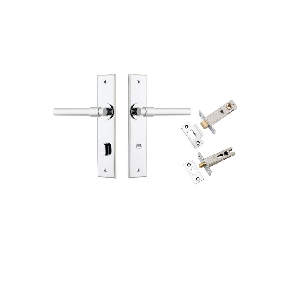 Door Lever Helsinki Chamfered Privacy Polished Chrome CTC85mm L137xP60mm BPH240xW50mm Privacy Kit Tube Latch Split Cam 'T' Striker Polished Chrome Backset 60mm, Privacy Bolt Round Bolt Polished Chrome Backset 60mm in Polished Chrome