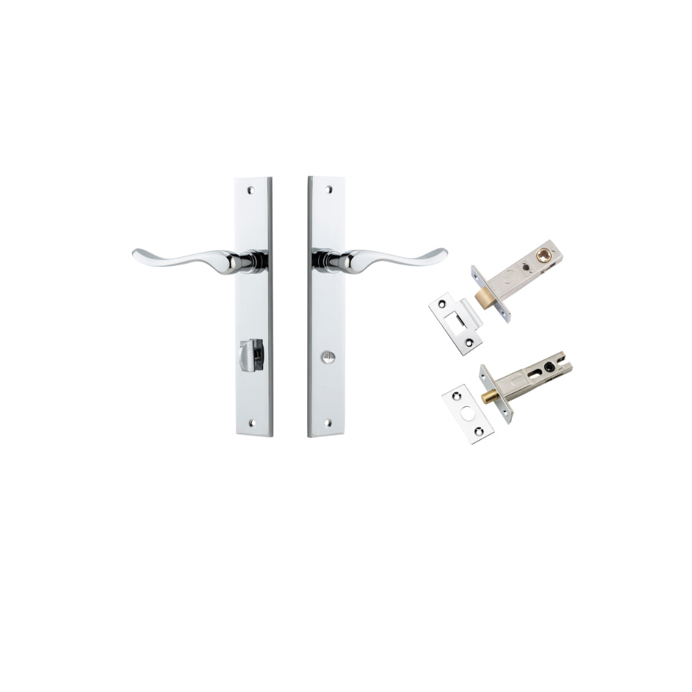 Door Lever Stirling Rectangular Privacy Pair Polished Chrome CTC85mm H240xW38xP64mm Privacy Kit, Tube Latch Split Cam 'T' Striker Polished Chrome Backset 60mm, Privacy Bolt Round Bolt Polished Chrome Backset 60mm in Polished Chrome