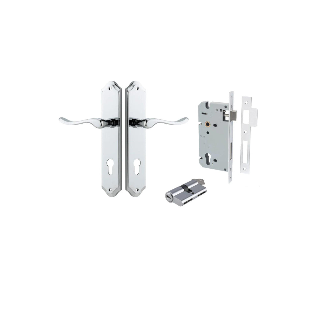 Door Lever Stirling Shouldered Euro Pair Polished Chrome CTC85mm H250xW48xP64mm Entrance Kit Mortice Lock Euro Polished Chrome CTC85mm Backset 60mm, Euro Cylinder Dual Function 5 Pin Polished Chrome L65mm KA1 in Polished Chrome