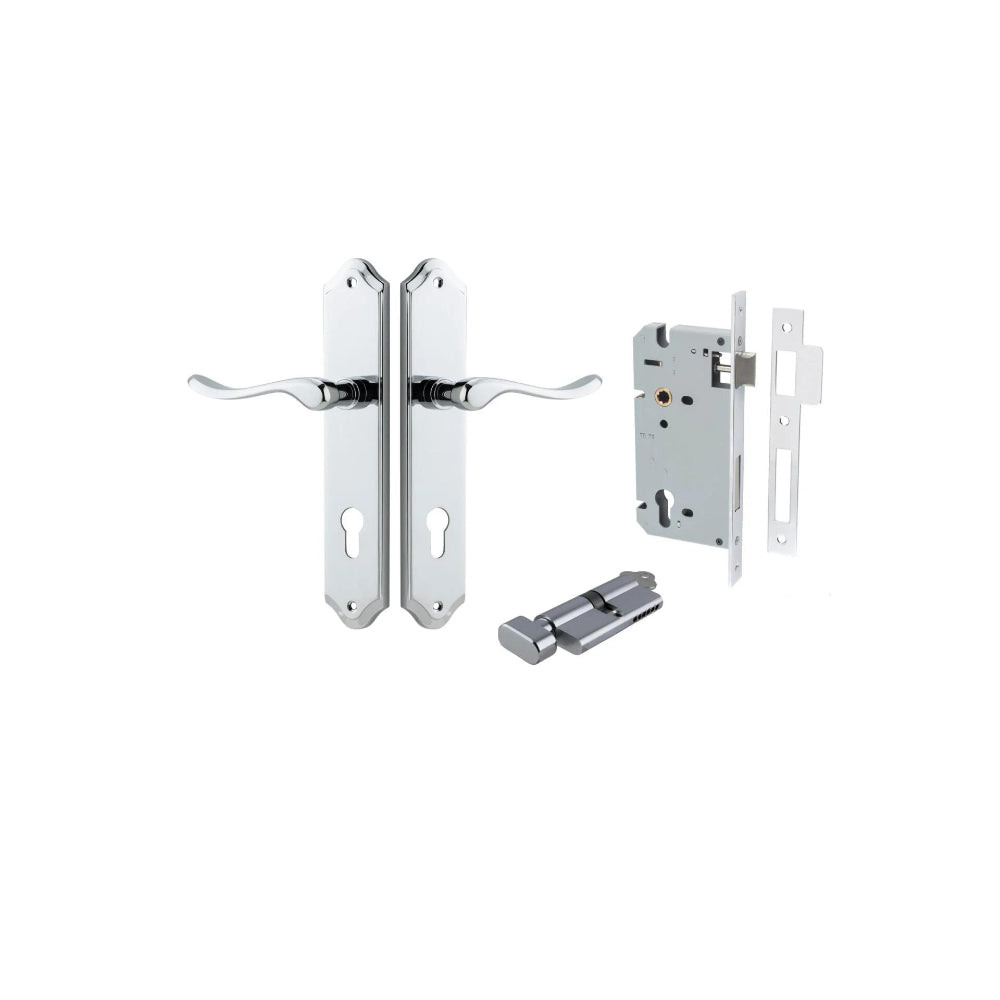 Door Lever Stirling Shouldered Euro Pair Polished Chrome CTC85mm H250xW48xP64mm Entrance Kit Mortice Lock Euro Polished Chrome CTC85mm Backset 60mm, Euro Cylinder Key Thumb 6 Pin Polished Chrome L70mm KA1 in Polished Chrome