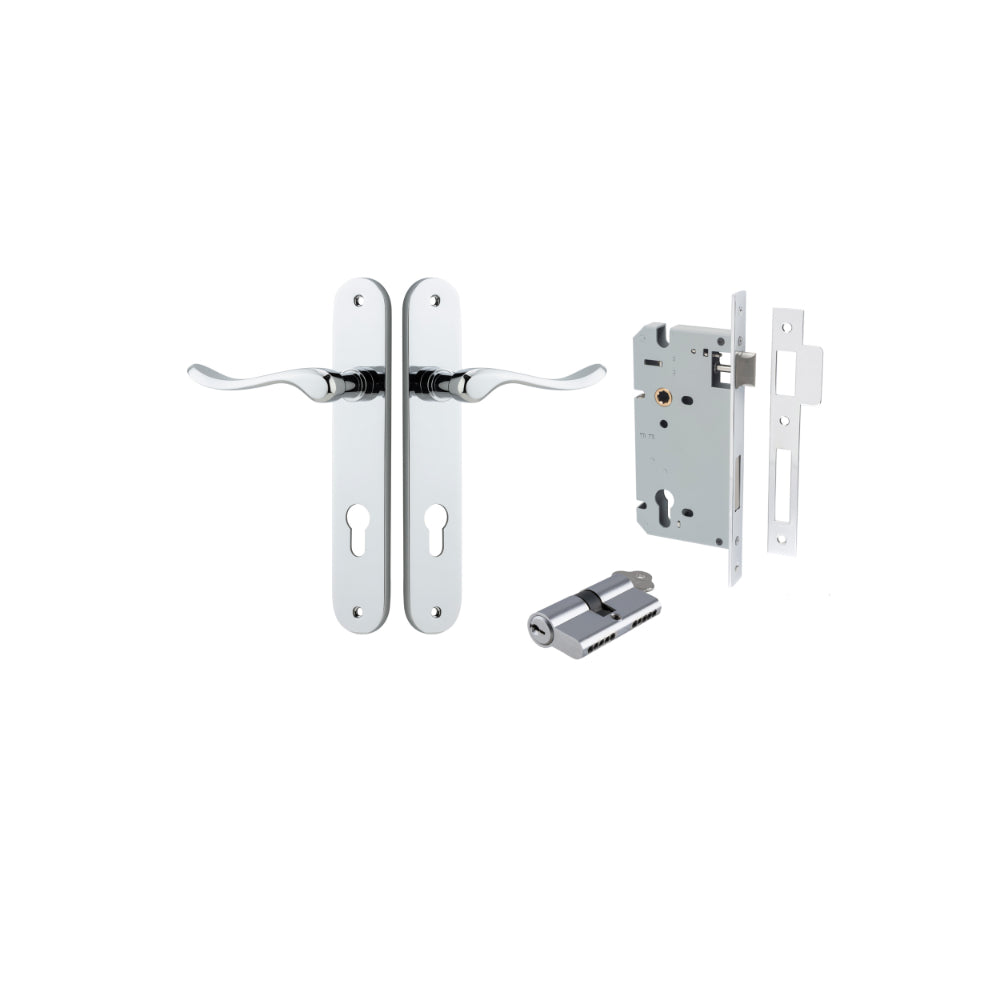 Door Lever Stirling Oval Euro Pair Polished Chrome CTC85mm H240xW40xP64mm Entrance Kit Mortice Lock Euro Polished Chrome CTC85mm Backset 60mm, Euro Cylinder Dual Function 5 Pin Polished Chrome L65mm KA1 in Polished Chrome