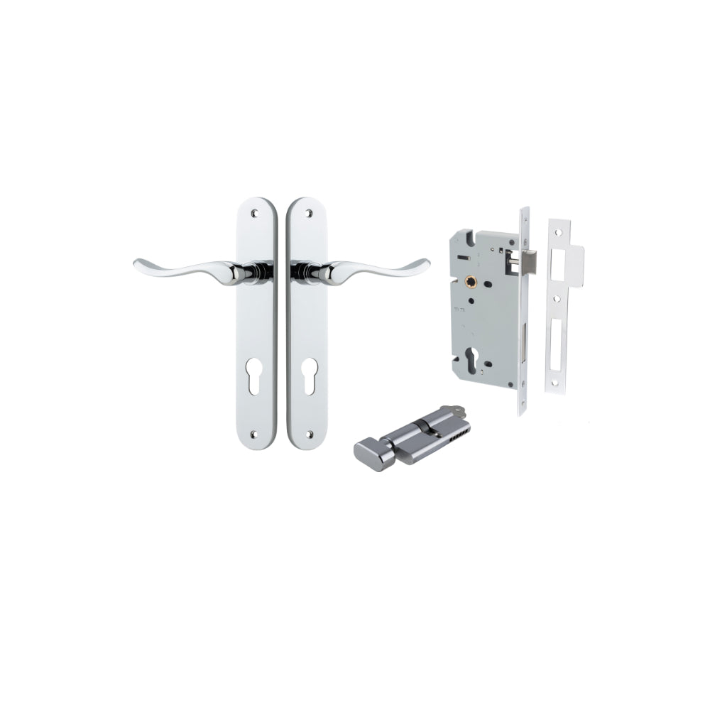 Door Lever Stirling Oval Euro Pair Polished Chrome CTC85mm H240xW40xP64mm Entrance Kit Mortice Lock Euro Polished Chrome CTC85mm Backset 60mm, Euro Cylinder Key Thumb 6 Pin Polished Chrome L70mm KA1 in Polished Chrome