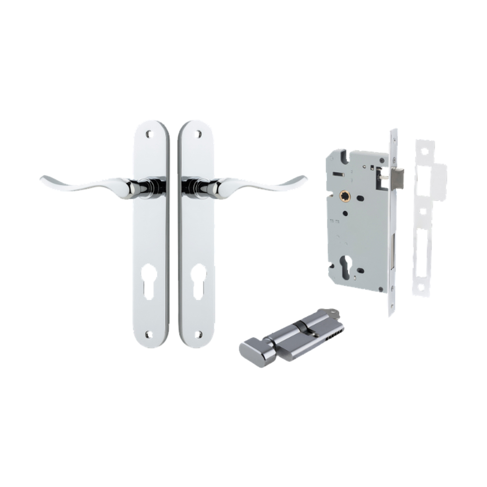 Door Lever Stirling Oval Euro Pair Polished Chrome CTC85mm H240xW40xP64mm Entrance Kit Mortice Lock Euro Polished Chrome CTC85mm Backset 60mm, Euro Cylinder Key Thumb 6 Pin Polished Chrome L70mm KA1 in Polished Chrome
