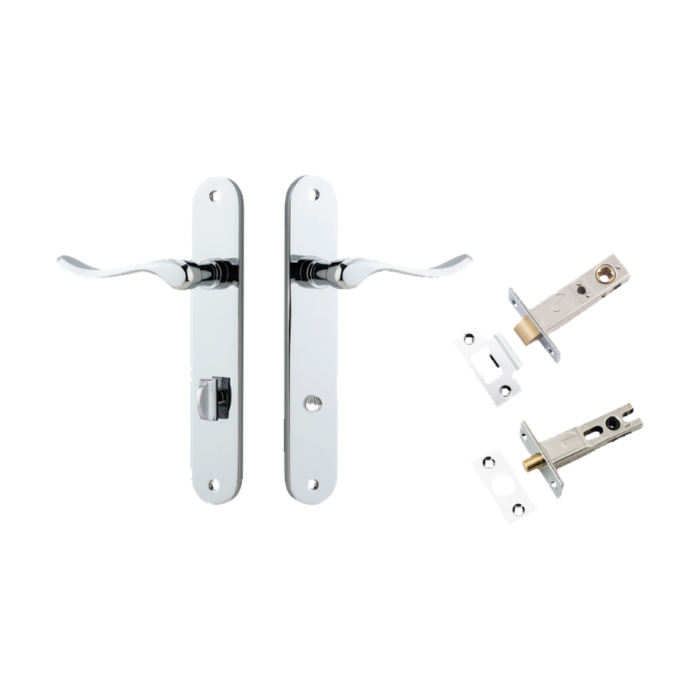 Door Lever Stirling Oval Privacy Pair Polished Chrome CTC85mm H240xW40xP64mm Privacy Kit Tube Latch Split Cam 'T' Striker Polished Chrome Backset 60mm, Privacy Bolt Round Bolt Polished Chrome Backset 60mm in Polished Chrome