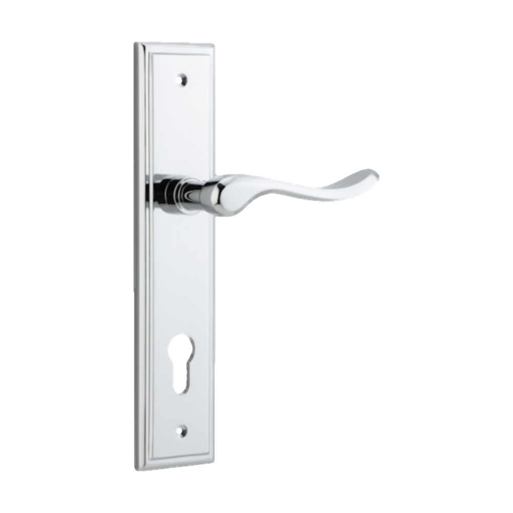 Door Lever Stirling Stepped Euro Pair Polished Chrome CTC85mm H237xW50xP64mm in Polished Chrome
