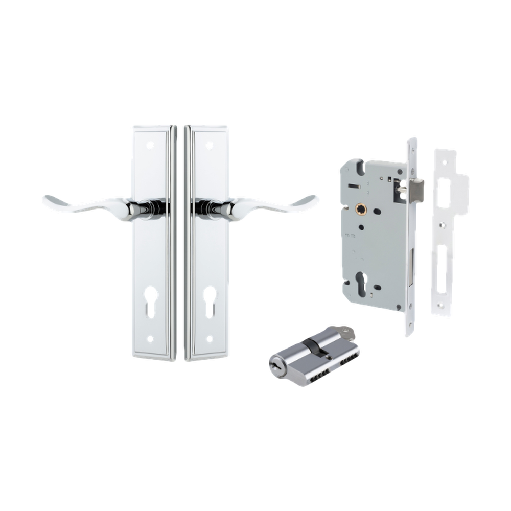 Door Lever Stirling Stepped Euro Pair Polished Chrome CTC85mm H237xW50xP64mm Entrance Kit Mortice Lock Euro Polished Chrome CTC85mm Backset 60mm, Euro Cylinder Dual Function 5 Pin Polished Chrome L65mm KA1 in Polished Chrome