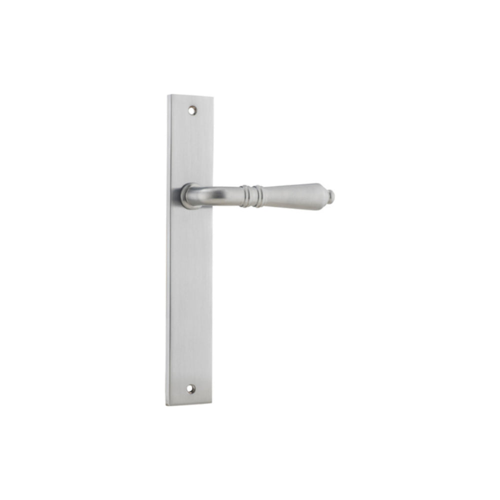 Pair of Iver Sarlat lever handles with rectangular backplates, showcasing a sleek, modern design for doors.