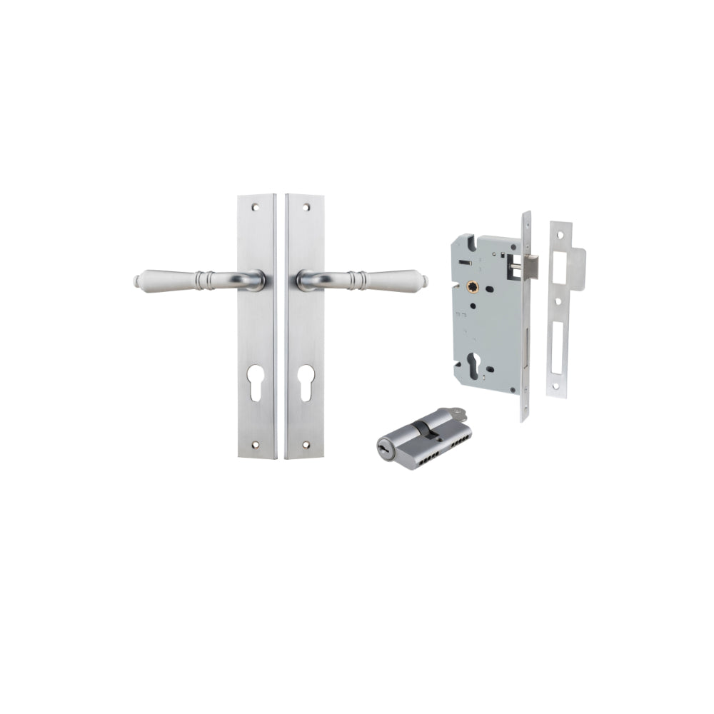 Pair of Iver Sarlat lever door handles with rectangular backplates, featuring a sleek, modern design in a polished finish.