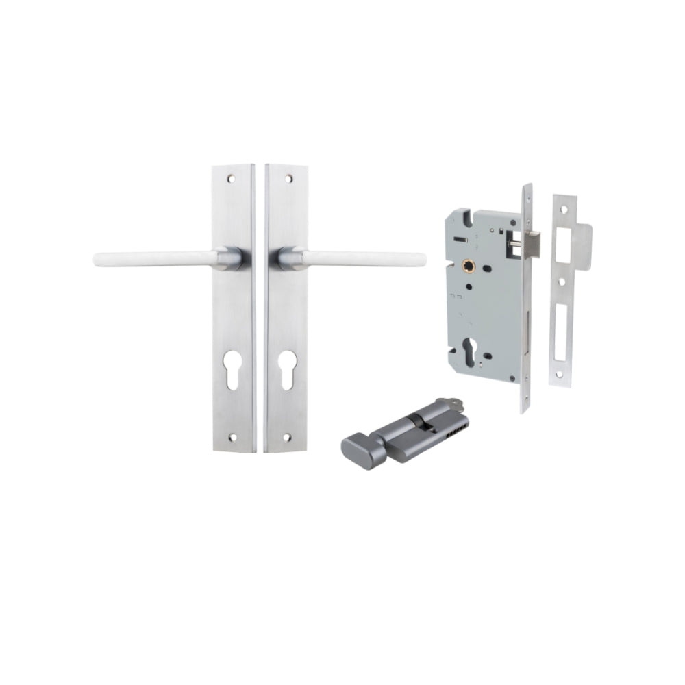 Pair of Iver Baltimore lever door handles on rectangular backplates, showcasing sleek black finish and modern design.