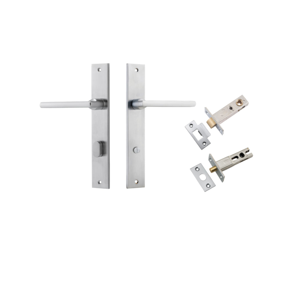 Pair of Iver Baltimore lever door handles on rectangular backplates, featuring a sleek, modern design in a polished finish.