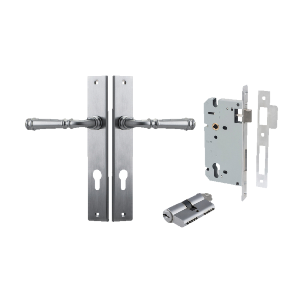 Door Lever Verona Rectangular Euro Brushed Chrome CTC85mm H240xW38xP59mm Entrance Kit, Mortice Lock Euro Brushed Chrome CTC85mm Backset 60mm, Euro Cylinder Dual Function 5 Pin Brushed Chrome L65mm KA1 in Brushed Chrome