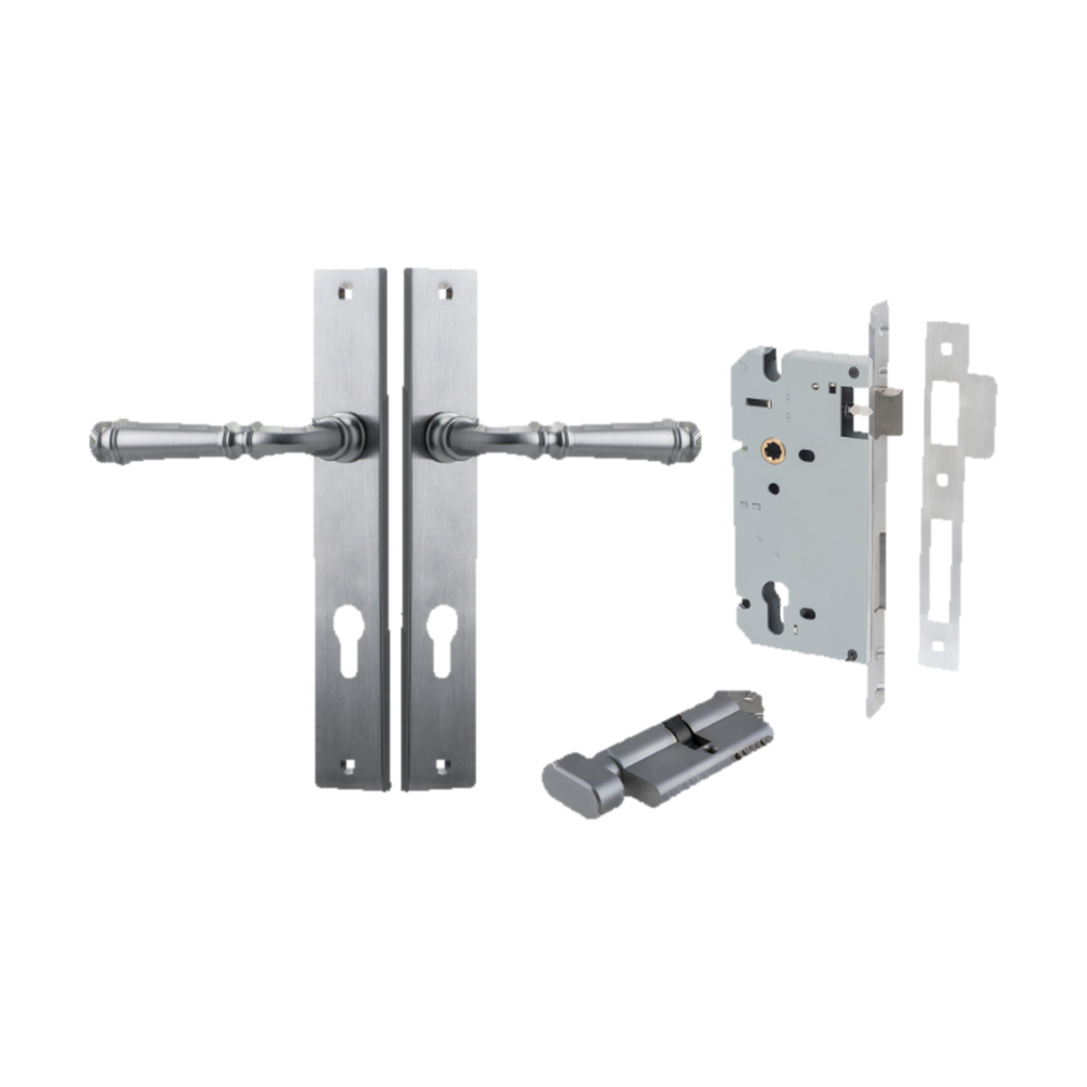 Door Lever Verona Rectangular Euro Brushed Chrome CTC85mm H240xW38xP59mm Entrance Kit, Mortice Lock Euro Brushed Chrome CTC85mm Backset 60mm, Euro Cylinder Key Thumb 6 Pin Brushed Chrome L70mm KA1 in Brushed Chrome
