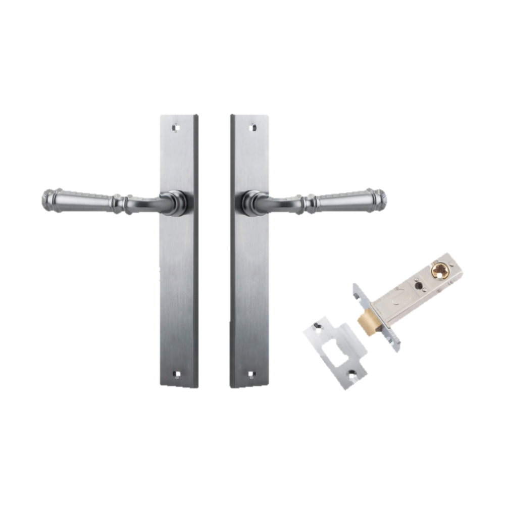 Door Lever Verona Rectangular Latch Brushed Chrome H240xW38xP59mm Passage Kit, Tube Latch Split Cam 'T' Striker Brushed Chrome Backset 60mm in Brushed Chrome