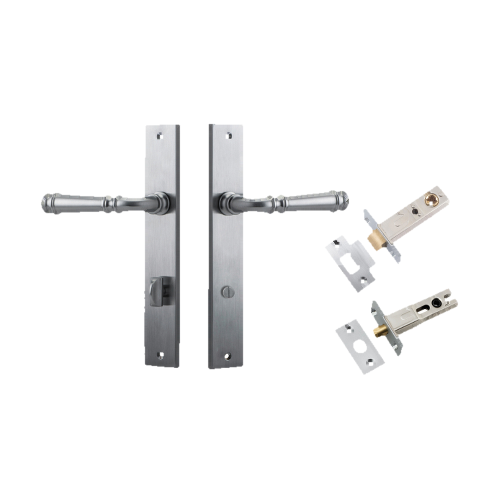 Door Lever Verona Rectangular Privacy Brushed Chrome CTC85mm H240xW38xP59mm Inbuilt Privacy Kit, Tube Latch Split Cam 'T' Striker Brushed Chrome Backset 60mm, Privacy Bolt Round Bolt Brushed Chrome Backset 60mm in Brushed Chrome