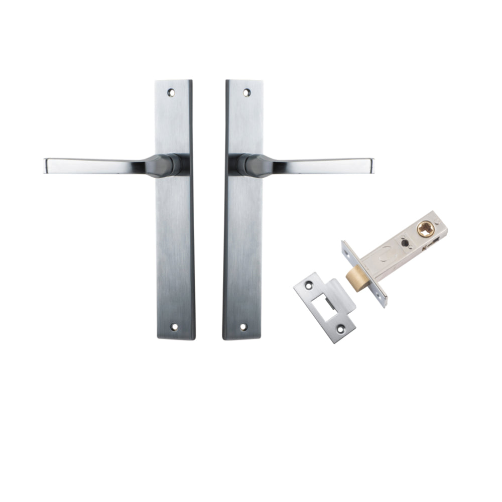 Door Lever Annecy Rectangular Latch Brushed Chrome H240xW38xP65mm Passage Kit, Tube Latch Split Cam 'T' Striker Brushed Chrome Backset 60mm in Brushed Chrome