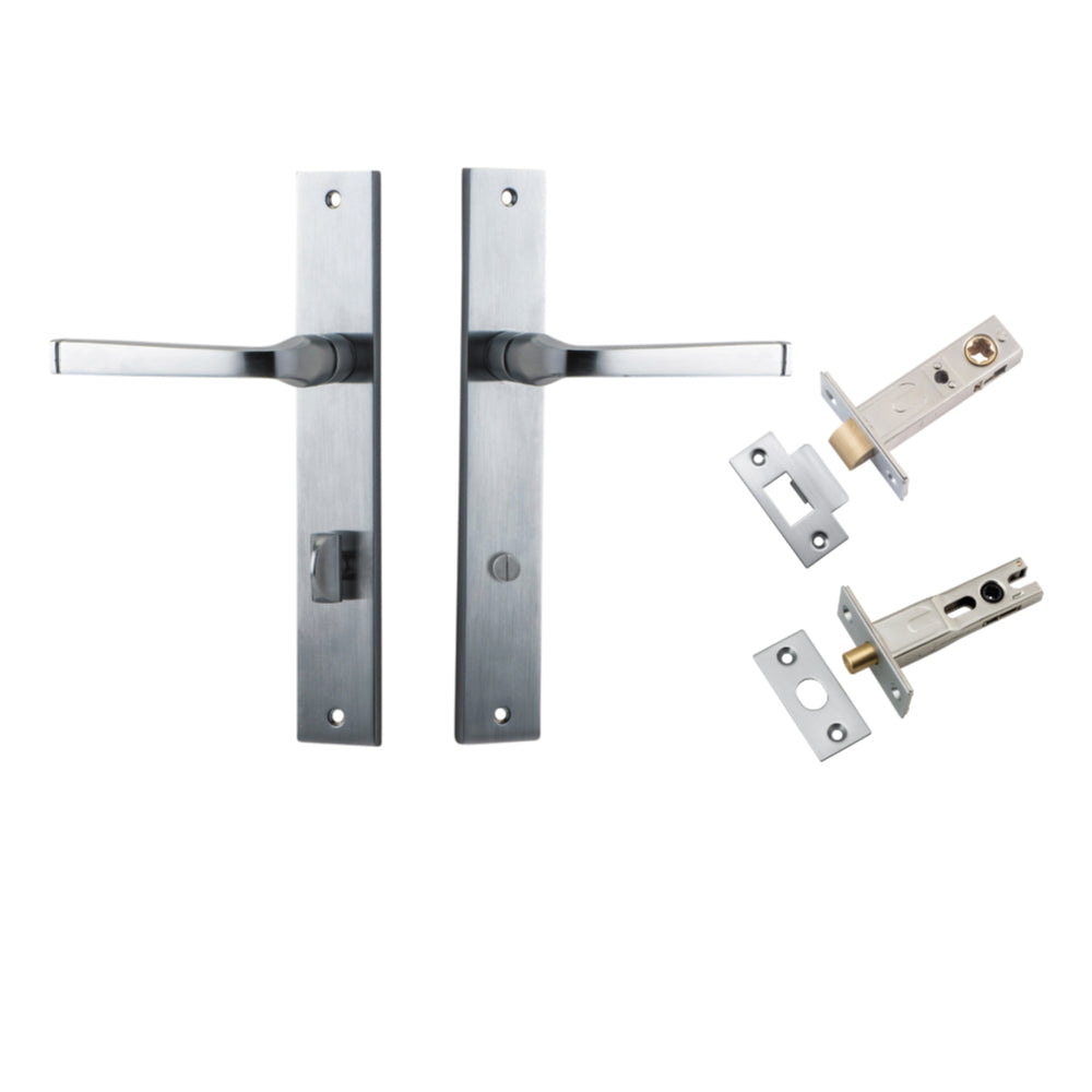 Pair of Iver Annecy lever handles on rectangular backplates, featuring a sleek, modern design for contemporary interior doors.