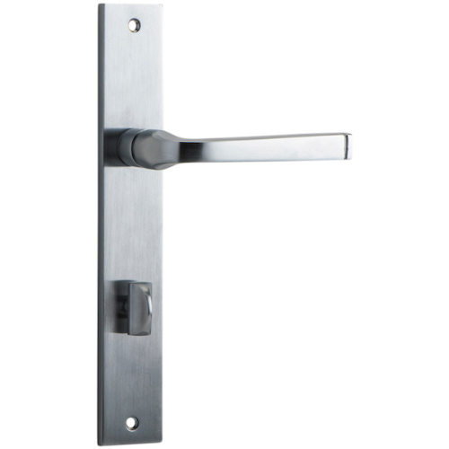 Pair of Iver Annecy lever handles on rectangular backplates, suitable for doors, with a sleek modern design.