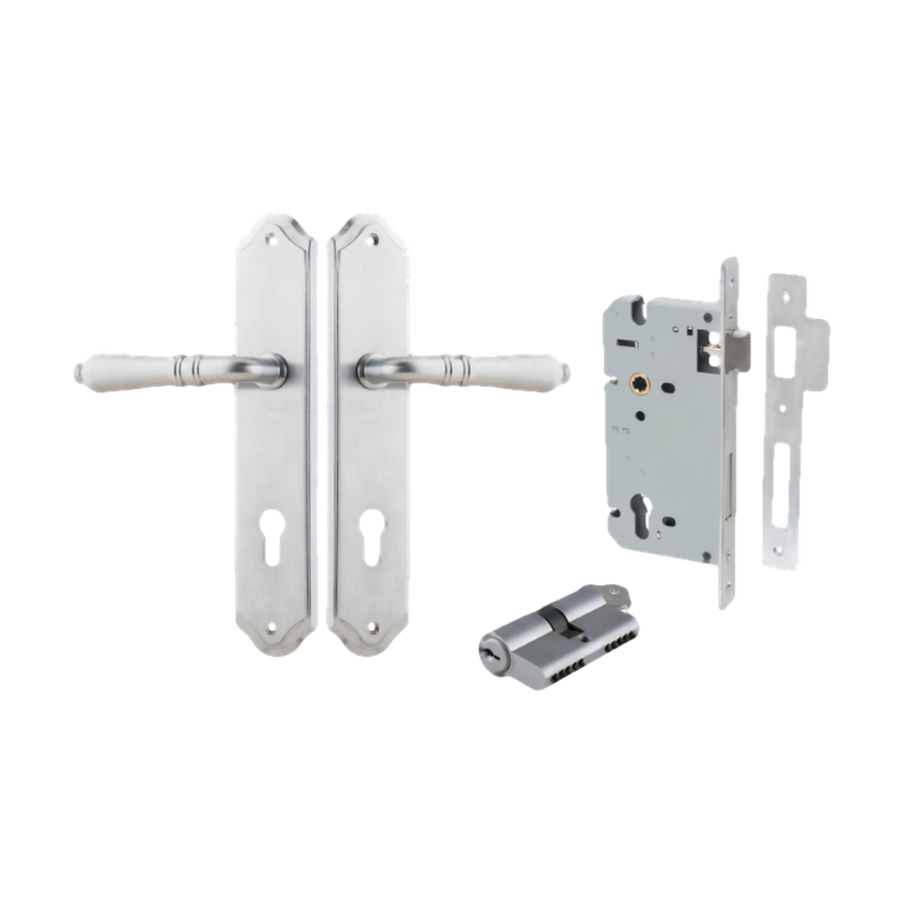 Door Lever Sarlat Shouldered Euro Brushed Chrome CTC85mm H250xW48xP57mm Entrance Kit Mortice Lock Euro Brushed Chrome CTC85mm Backset 60mm, Euro Cylinder Dual Function 5 Pin Brushed Chrome L65mm KA1 in Brushed Chrome