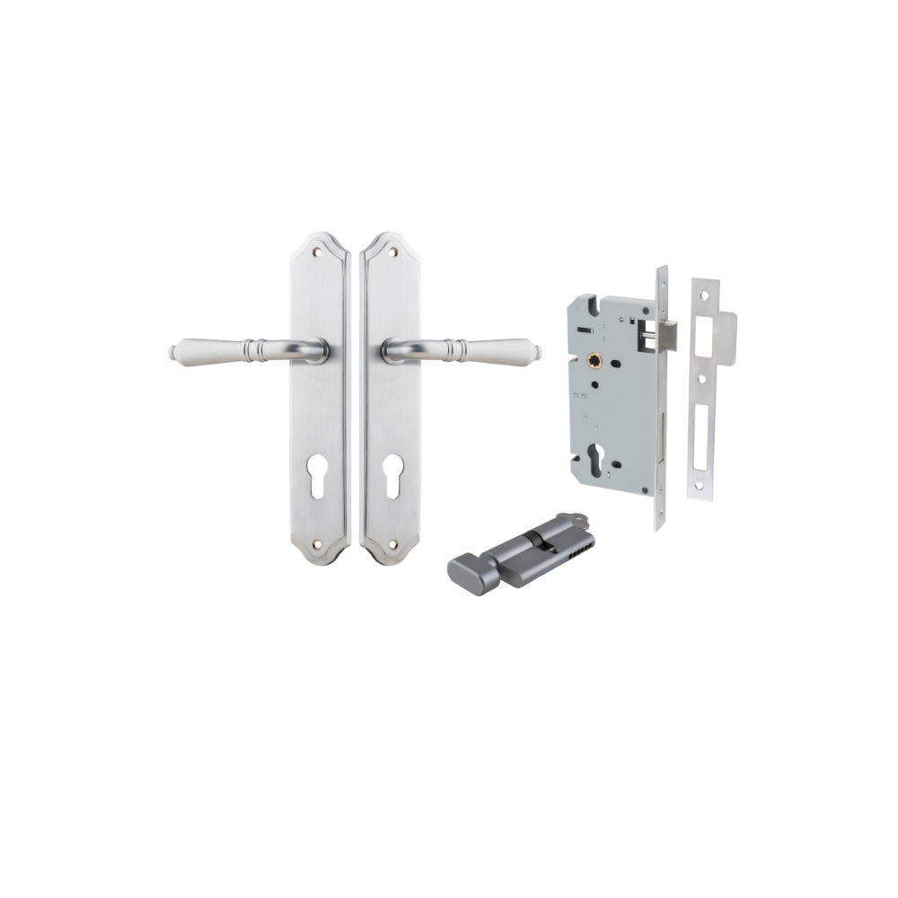 Door Lever Sarlat Shouldered Euro Brushed Chrome CTC85mm H250xW48xP57mm Entrance Kit Mortice Lock Euro Brushed Chrome CTC85mm Backset 60mm, Euro Cylinder Key Thumb 6 Pin Brushed Chrome L70mm KA1 in Brushed Chrome