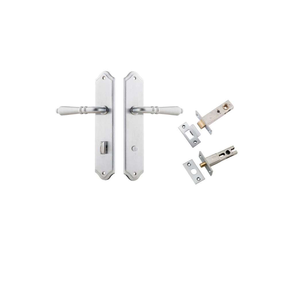 Door Lever Sarlat Shouldered Privacy Brushed Chrome CTC85mm H250xW48xP57mm Privacy Kit Tube Latch Split Cam 'T' Striker Brushed Chrome Backset 60mm, Privacy Bolt Round Bolt Brushed Chrome Backset 60mm in Brushed Chrome