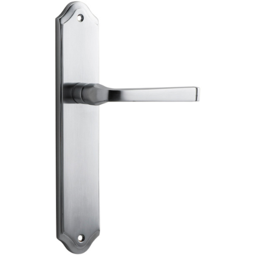 Pair of Iver Annecy lever handles on shouldered backplates with a sleek, modern design for cabinet or furniture doors.