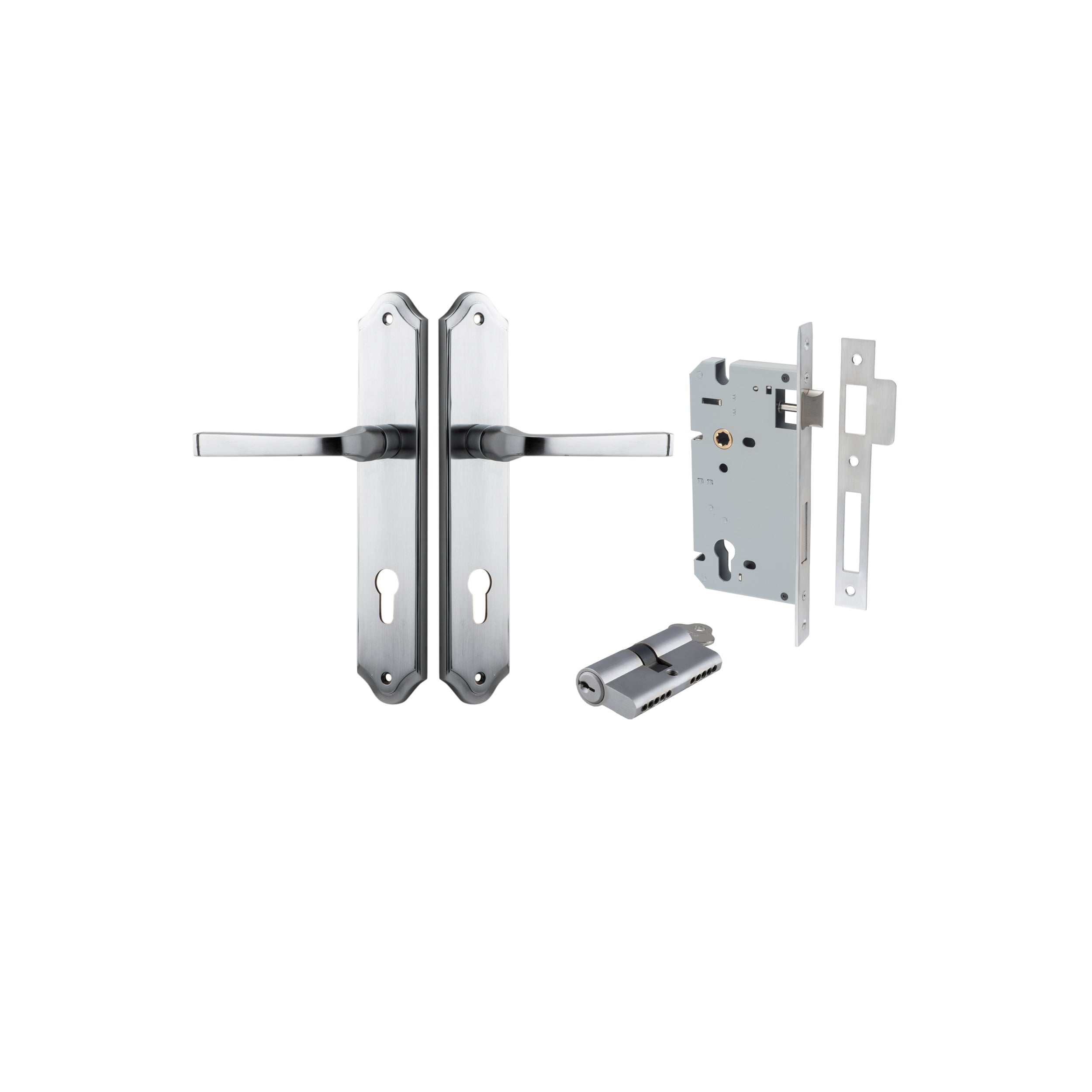 Pair of Iver Annecy lever handles on shouldered backplates, with a sleek, modern design in a brushed finish.