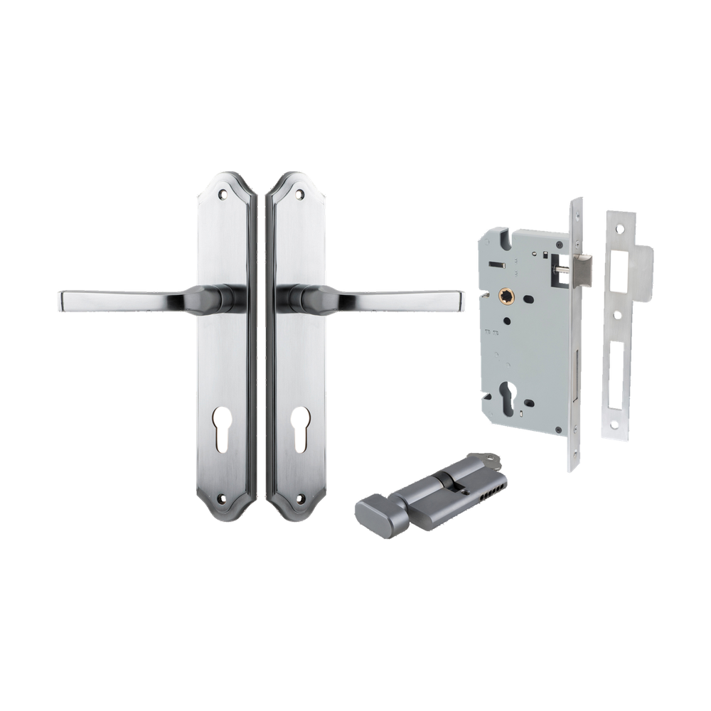 Door Lever Annecy Shouldered Euro Brushed Chrome CTC85mm H240xW50xP65mm Entrance Kit Mortice Lock Euro Brushed Chrome CTC85mm Backset 60mm, Euro Cylinder Key Thumb 6 Pin Brushed Chrome L70mm KA1 in Brushed Chrome