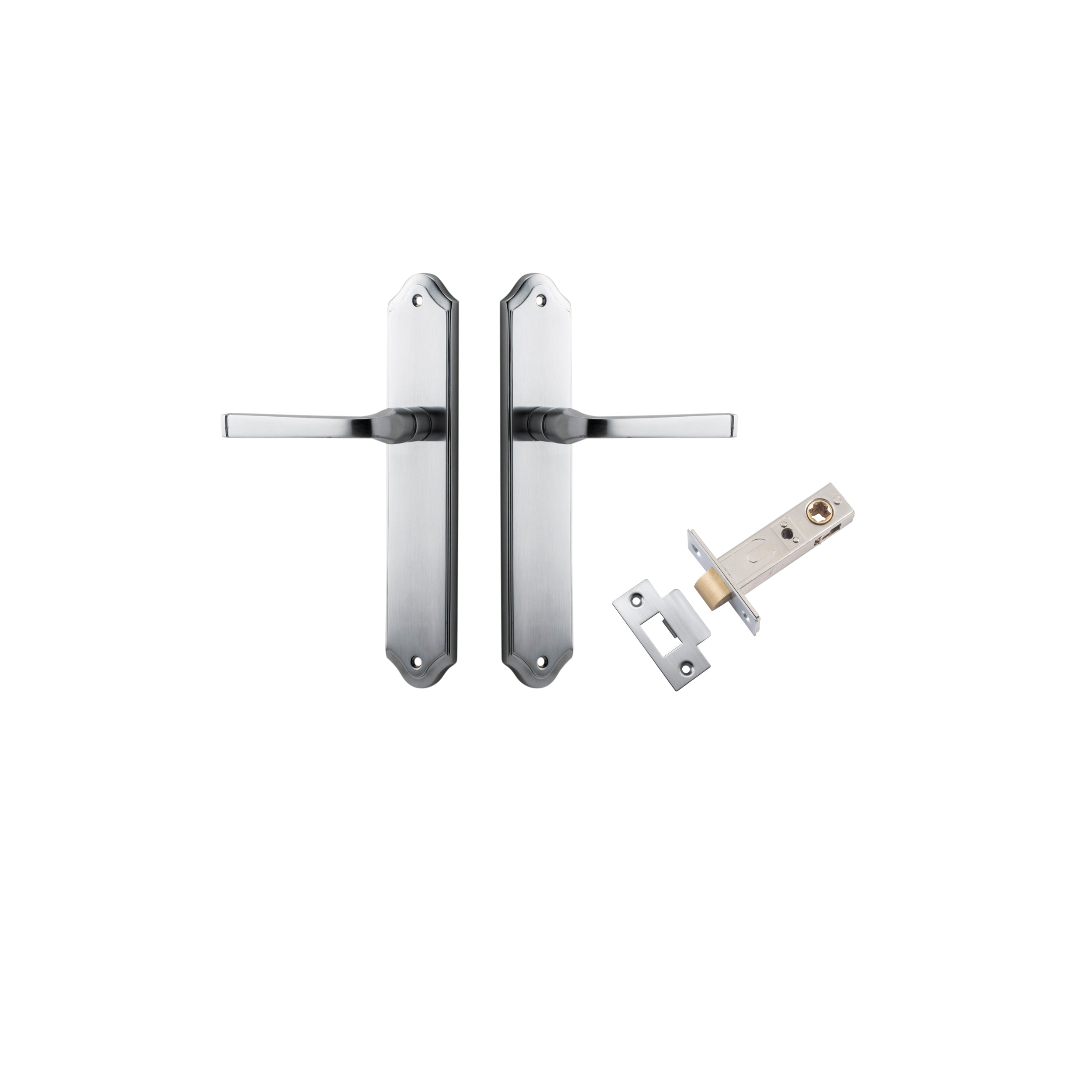Pair of Iver Annecy lever handles on shouldered backplates for interior doors, showcasing polished metal finish and elegant design.